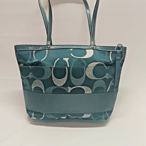 COACH F20429 Signature Stripe Metallic Turquoise Tote Shoulder Bag Purse EUC - Picture 6 of 14